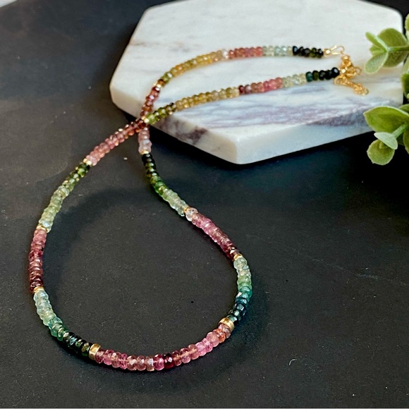 Watermelon Tourmaline Necklace Multi Tourmaline Choker Mixed color Bead Gemstone - Picture 2 of 8